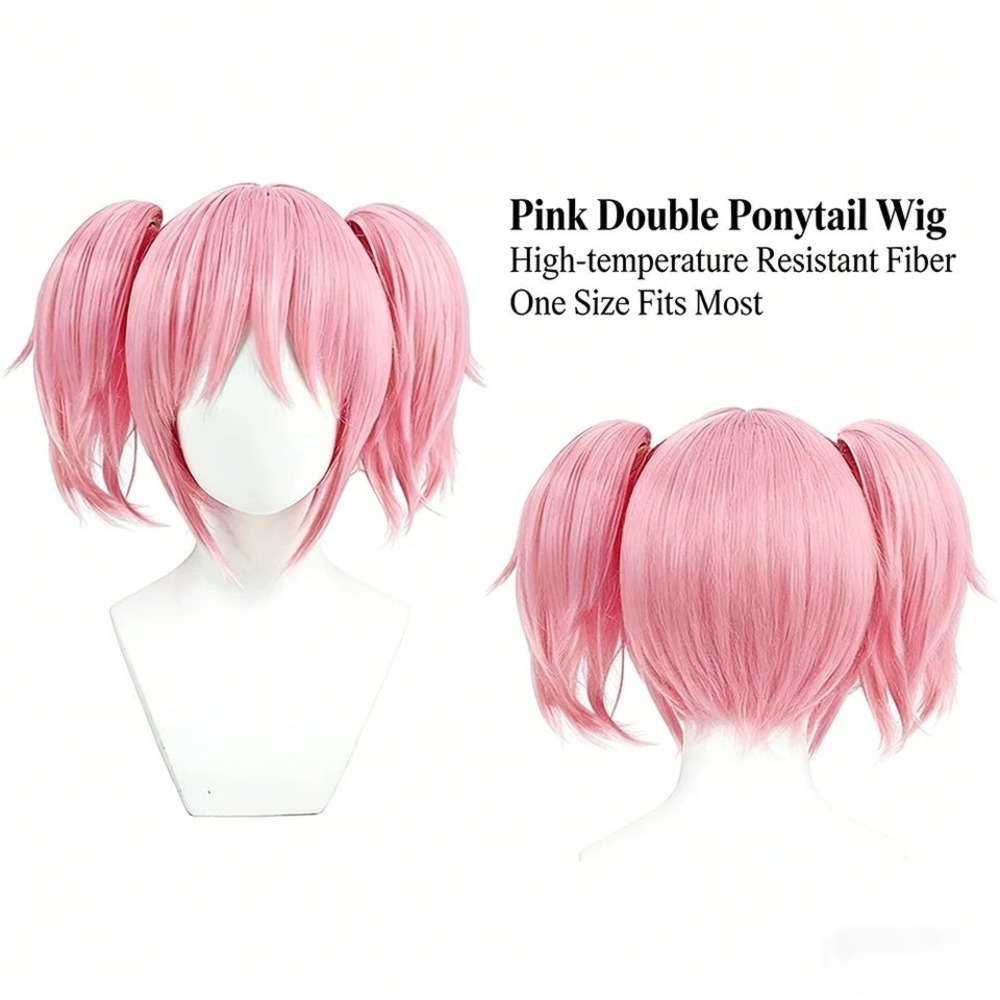 Pink Double Ponytail Anime Cosplay Wig Velvet Bows and Hair Net Set One Size